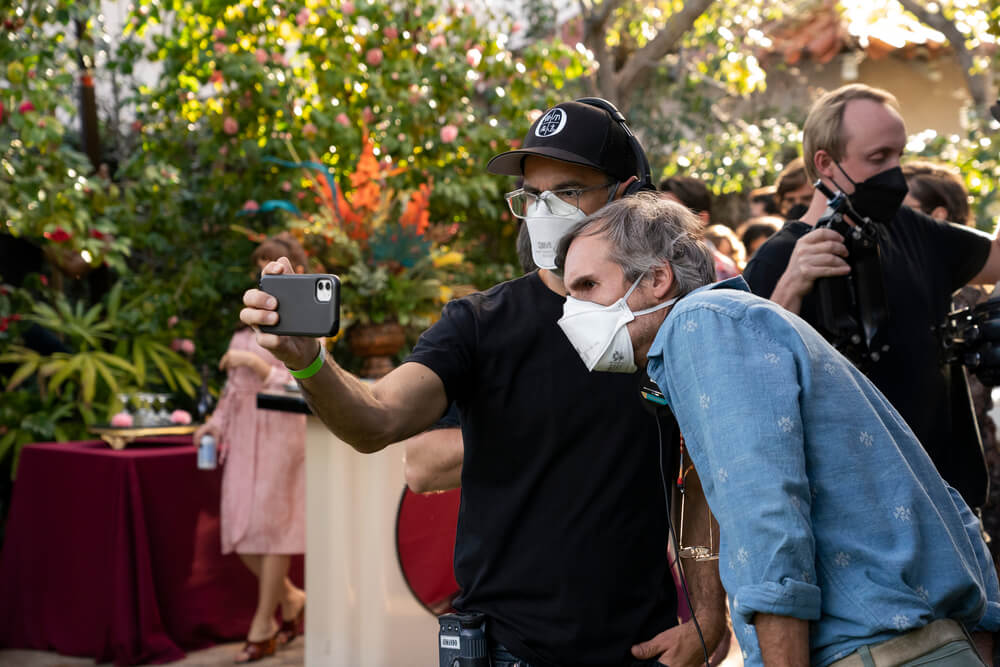 Armando Salas, ASC (left) and director Andrés Baiz on the set of the Netflix limited series Griselda